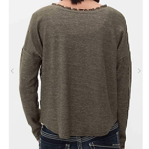 MISS ME Lace Front Sweatshirt Olive Green Pullover Mixed Media Material Crewneck - Picture 3 of 11